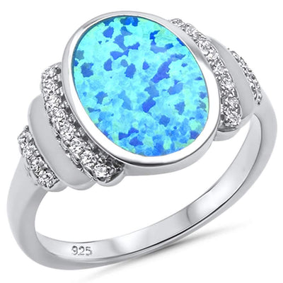 Sterling Silver Oval Lab Created Blue Opal and Cubic Zirconia Ring with CZ Stones