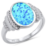 Sterling Silver Oval Lab Created Blue Opal and Cubic Zirconia Ring with CZ Stones