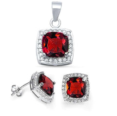 Sterling Silver Cushion Ruby and Cz Pendant and Earring Set