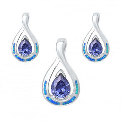 Sterling Silver Pear Shape Tanzanite and Blue Opal Earrings and Pendant Set