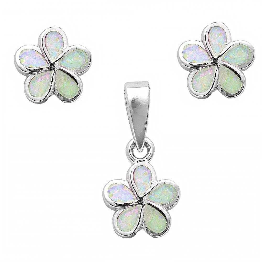 Sterling Silver White Opal Plumeria Pendant and Earring Set