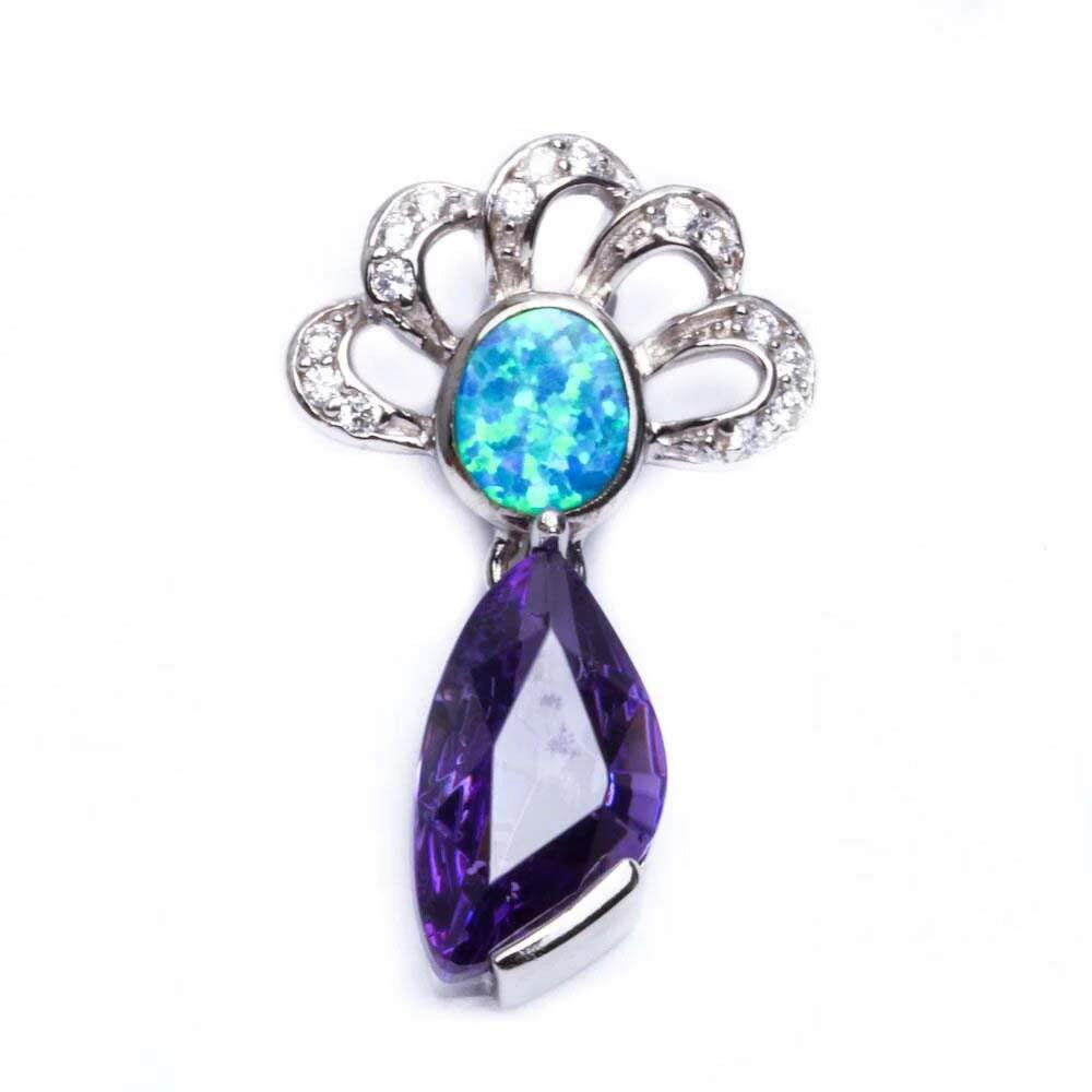 Sterling Silver Blue OpalAnd Amethyst Center Stone Faceted Pendant With CZ StonesAnd Length 1.25inch