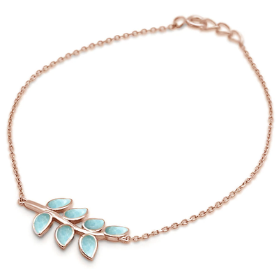 Sterling Silver Rose Gold Plated Natural Larimar Leaf Design Bracelet