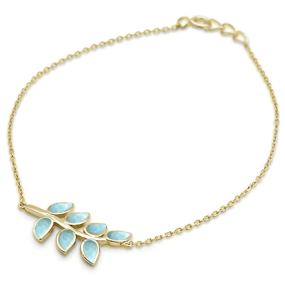 Sterling Silver Yellow Gold Plated Natural Larimar Leaf Design Bracelet