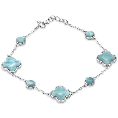 Sterling Silver Natural Larimar Clover Flower Bracelet
