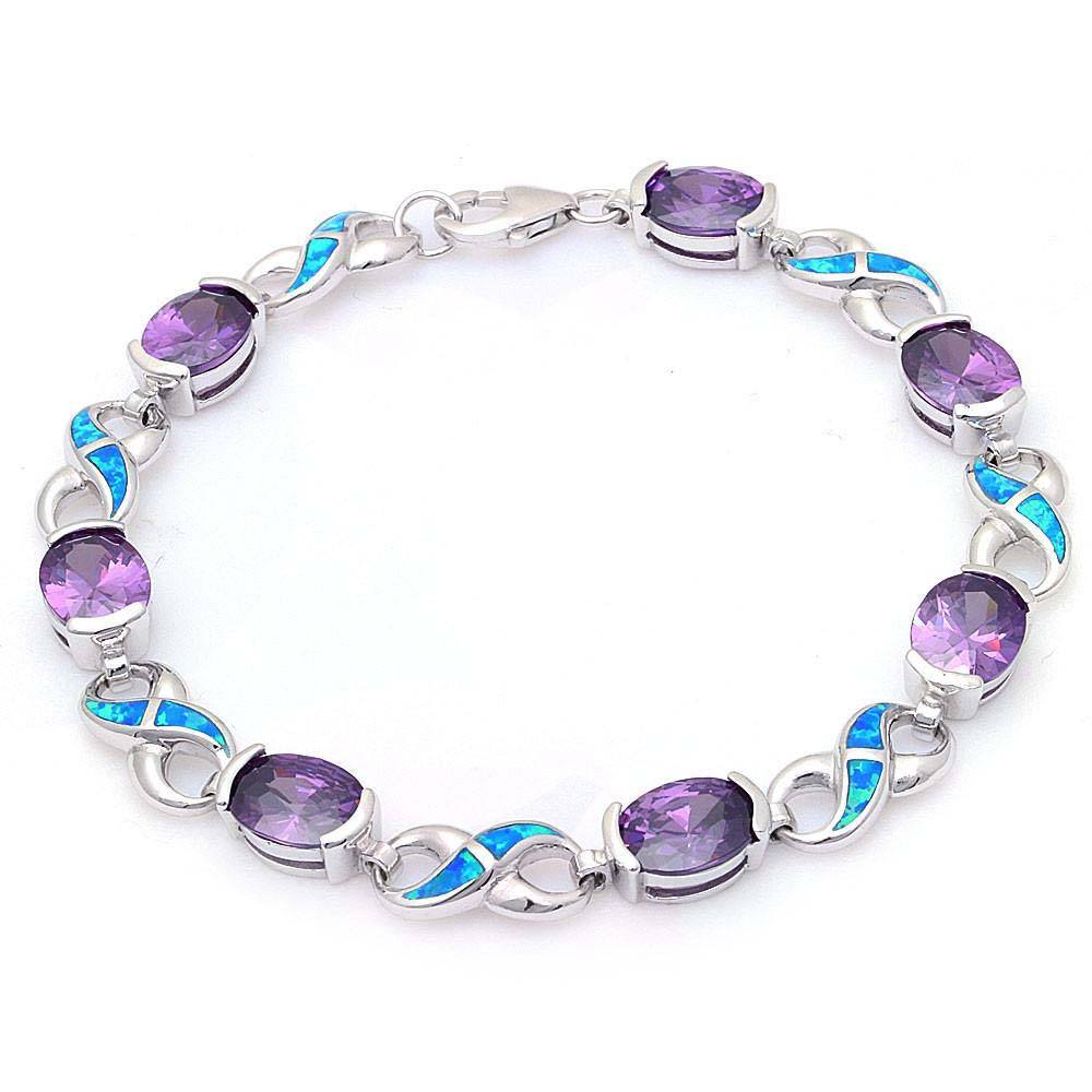 Sterling Silver Oval Amethyst And Blue Opal Infinity Symbol BraceletAnd Length 7.25 InchAnd Stone Thickness 9x6mm