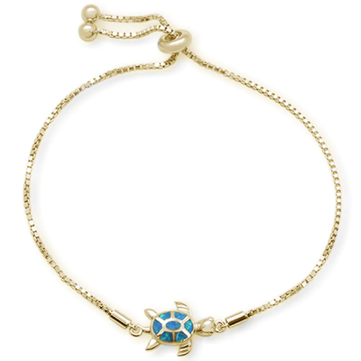 Sterling Silver Yellow Gold Plated Blue Opal Turtle Adjustable Toggle Bola Bracelet, Length 7 to 9 inches