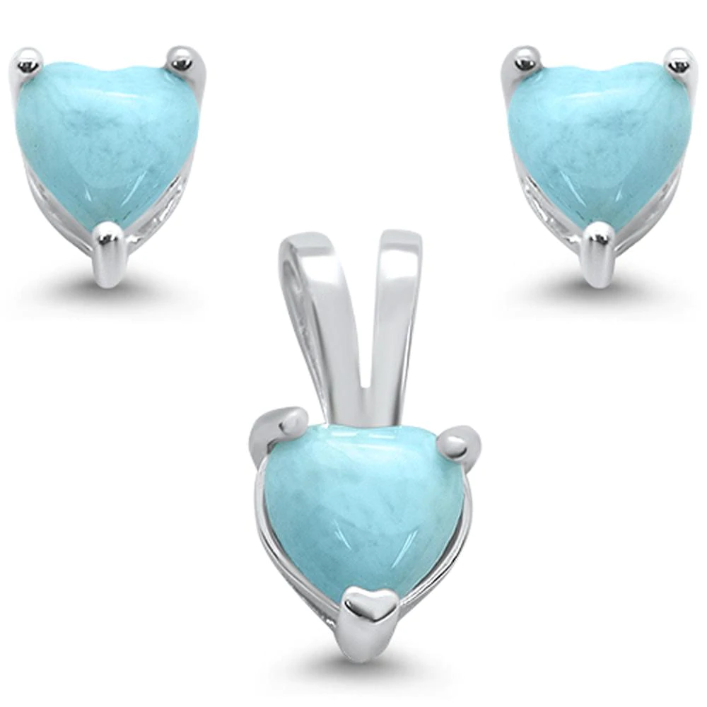 Sterling Silver Natural Larimar Heart Earring and Pendant Set