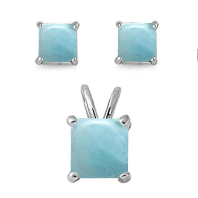 Sterling Silver Princess Cut Natural Larimar Earring and Pendant Set