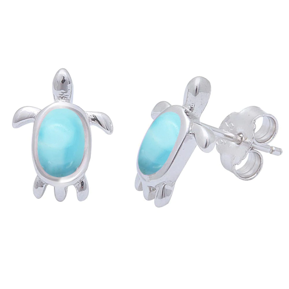 Sterling Silver Natural Larimar and Turtle Earrings