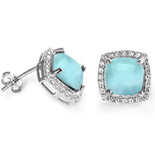 Load image into Gallery viewer, Sterling Silver Cushion Cut Natural Larimar and CZ Earrings