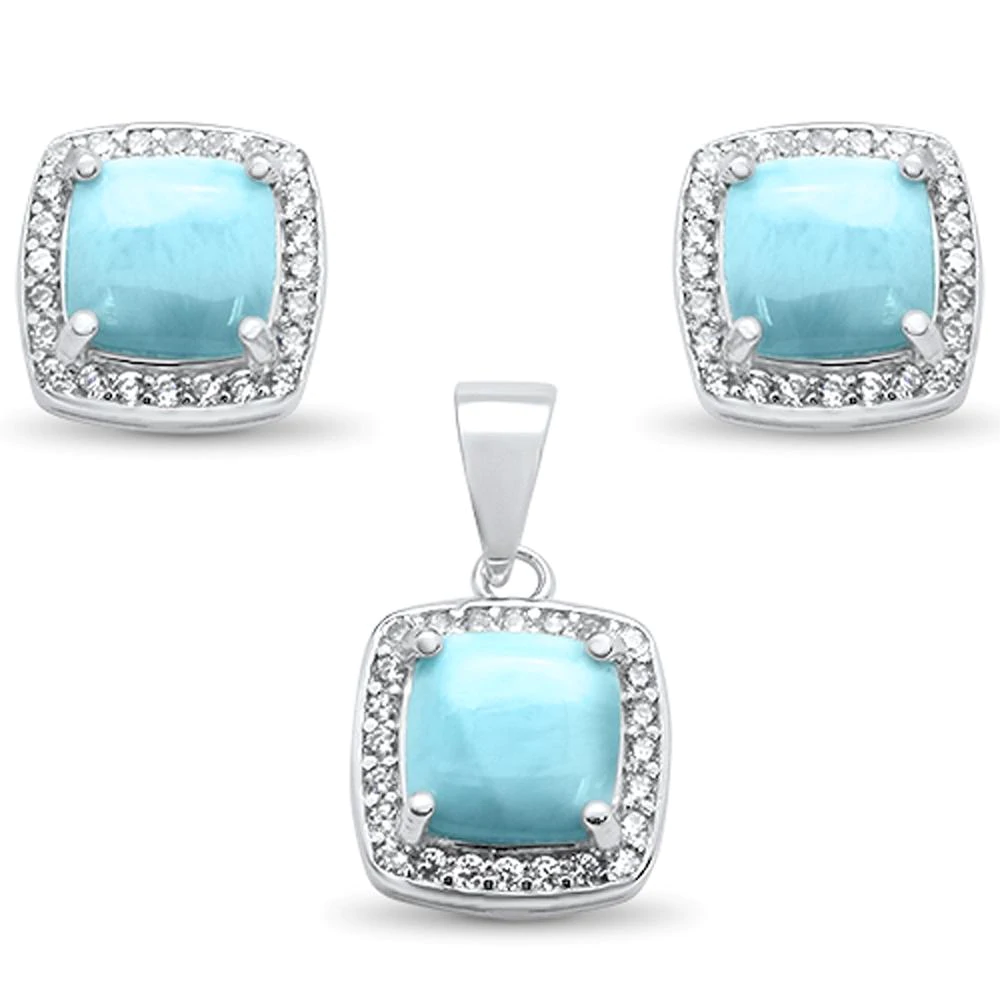Sterling Silver Cushion Cut Natural Larimar and Cz Earring and Pendant Set
