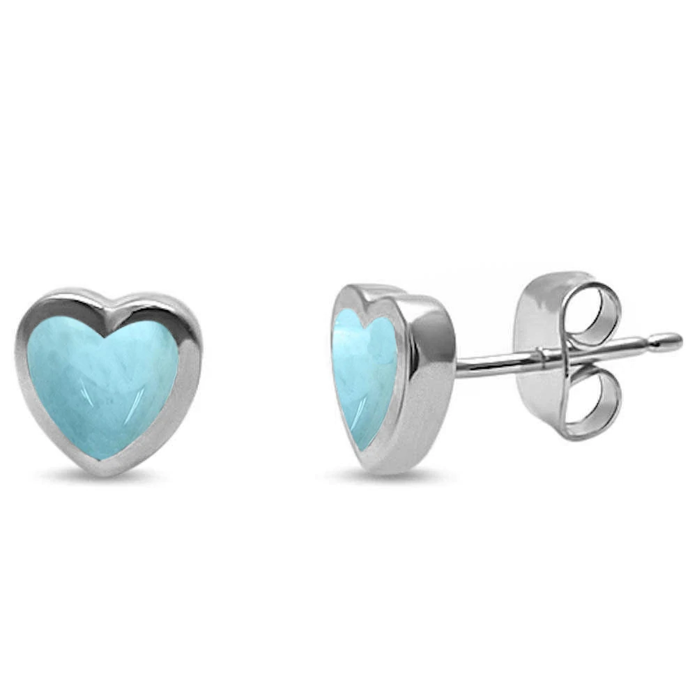 Sterling Silver Natural Larimar and CZ Heart Shape Stud Earrings