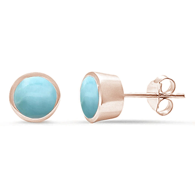 Sterling Silver Rose Gold Plated Natural Larimar Bezel Stud Earrings