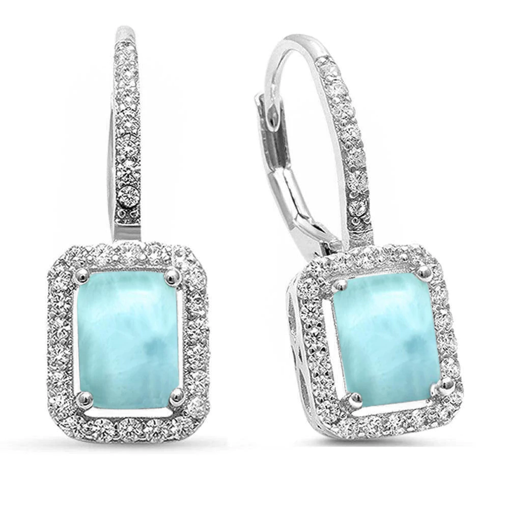 Sterling Silver Natural Larimar and CZ Radiant Shape Lever Back Earrings