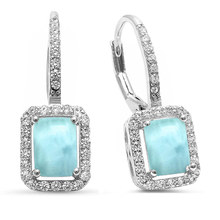 Load image into Gallery viewer, Sterling Silver Natural Larimar and CZ Radiant Shape Lever Back Earrings