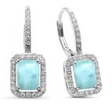 Sterling Silver Natural Larimar and CZ Radiant Shape Lever Back Earrings