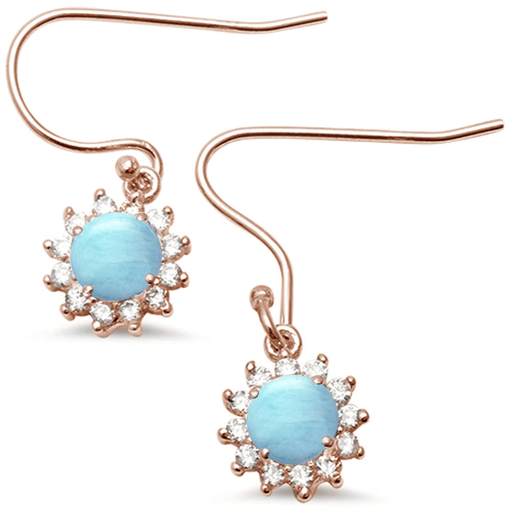 Sterling Silver Rose Gold Plated Halo Natural Larimar CZ Drop Dangle Earrings