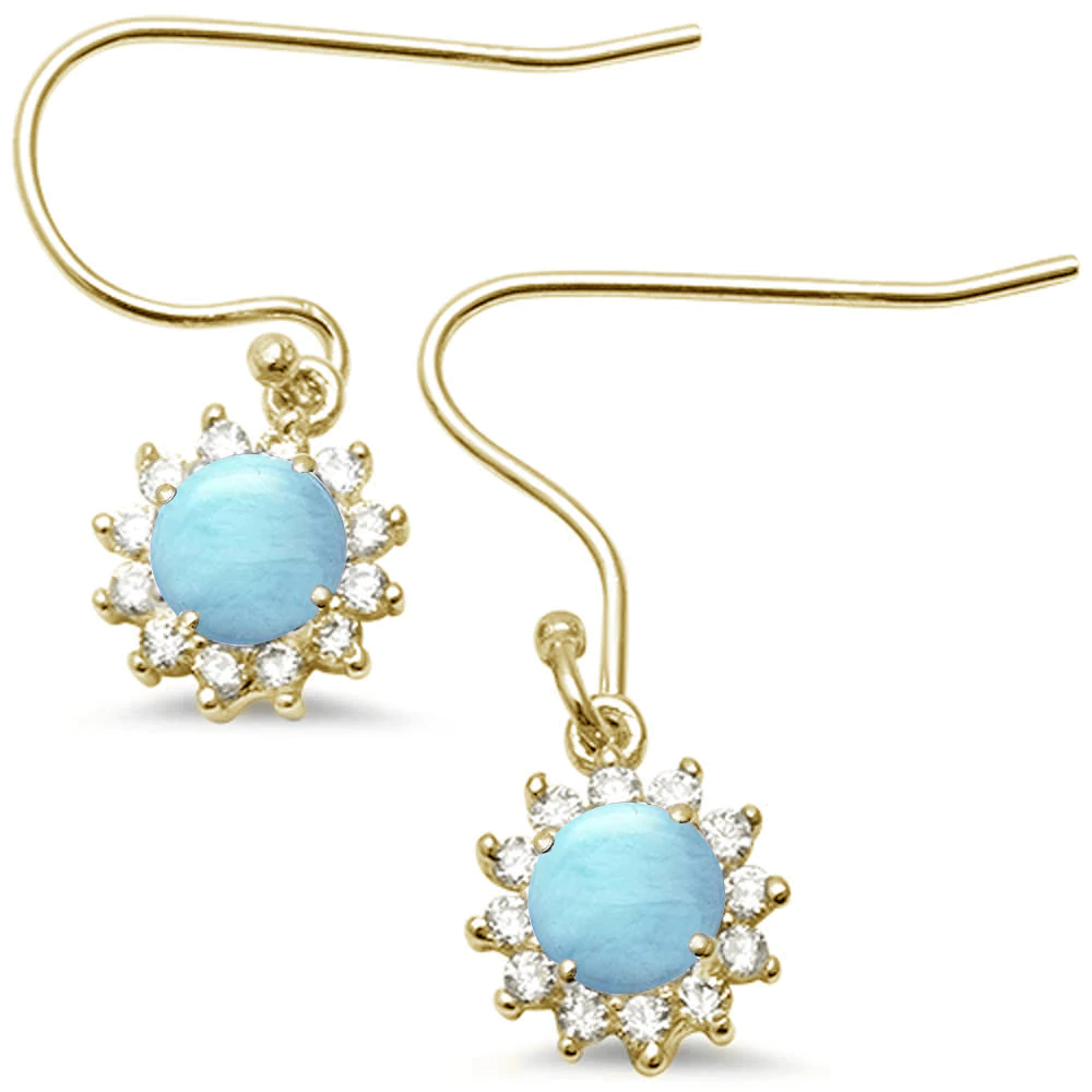 Sterling Silver Yellow Gold Plated Halo Natural Larimar CZ Drop Dangle Earrings