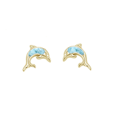 Sterling Silver Yellow Gold Plated Dolphin Stud Natural Larimar Earrings