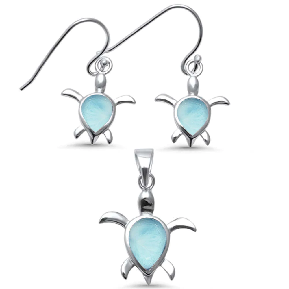 Sterling Silver Natural Larimar Turtle Earring and Pendant Set
