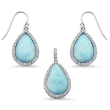 Load image into Gallery viewer, Sterling Silver Pear Shape Natural Larimar and Cz Dangle Earring and Pendant Set