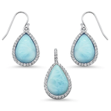 Sterling Silver Pear Shape Natural Larimar and Cz Dangle Earring and Pendant Set