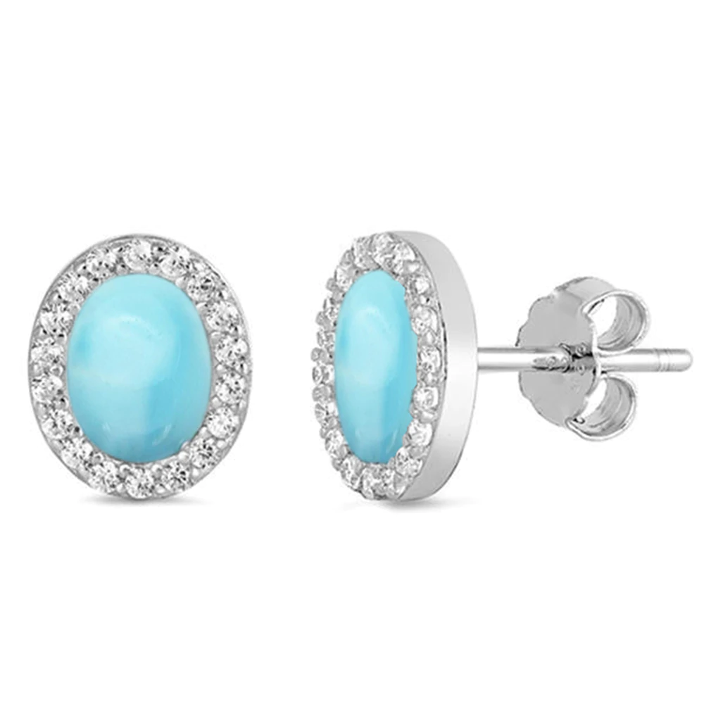 Sterling Silver Natural Larimar R and CZ Oval Stud Earrings