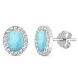 Sterling Silver Natural Larimar R and CZ Oval Stud Earrings