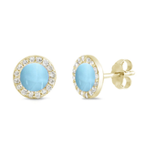 Sterling Silver Yellow Gold Plated Natural Larimar and Cz Stud Halo Earrings