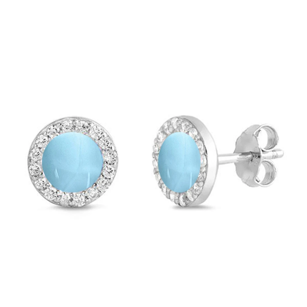 Sterling Silver Natural Larimar and Cz Stud Halo Earrings