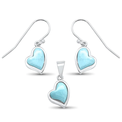 Sterling Silver Natural Larimar Heart Shape Dangle Earring and Pendant Set