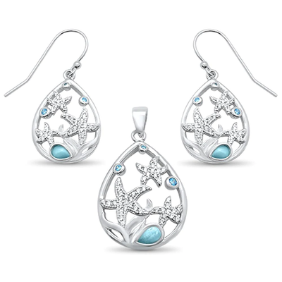 Sterling Silver Natural Larimar Aquamarine Star Cz Drop Earring and Pendant Set