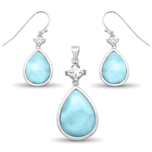 Load image into Gallery viewer, Sterling Silver Natural Larimar and Cz Pear Shape Dangle Earring and Pendant Set