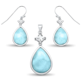Sterling Silver Natural Larimar and Cz Pear Shape Dangle Earring and Pendant Set