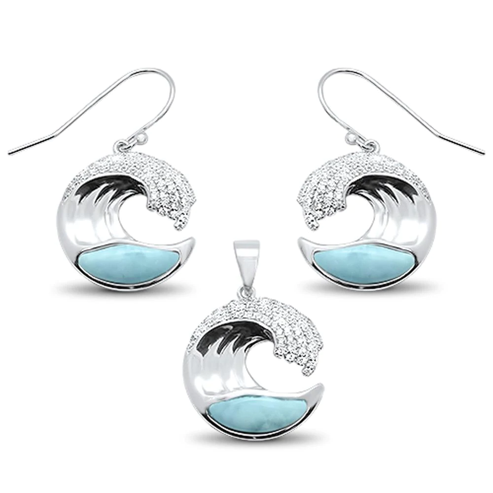 Sterling Silver Natural Larimar and Cz Ocean Wave Design Earring and Pendant Set