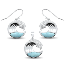 Load image into Gallery viewer, Sterling Silver Natural Larimar and Cz Ocean Wave Design Earring and Pendant Set
