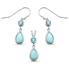 Load image into Gallery viewer, Sterling Silver Natural Larimar Pear Shape and Aquamarine Dangle Earring and Pendant Set