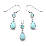 Sterling Silver Natural Larimar Pear Shape and Aquamarine Dangle Earring and Pendant Set