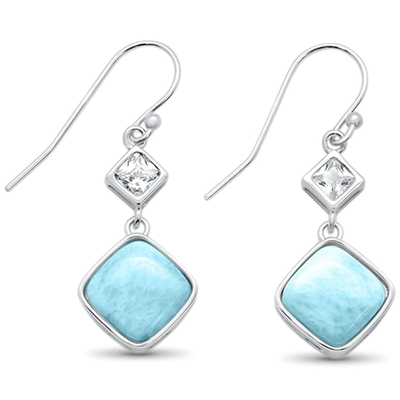Sterling Silver Natural Princess Cut Larimar and Cz Drop Dangle Earrings