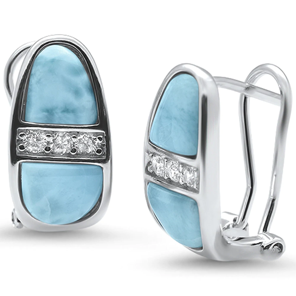 Sterling Silver Natural Larimar and Cz Latch Back Earrings