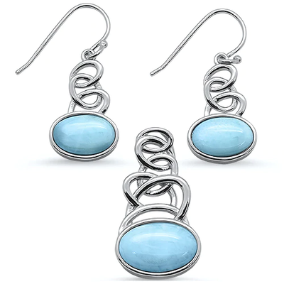 Sterling Silver Natural Larimar Oval Shape Spiral Dangle Earring and Pendant Set