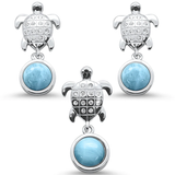 Sterling Silver Natural Larimar and Cz Turtle Earring and Pendant Set