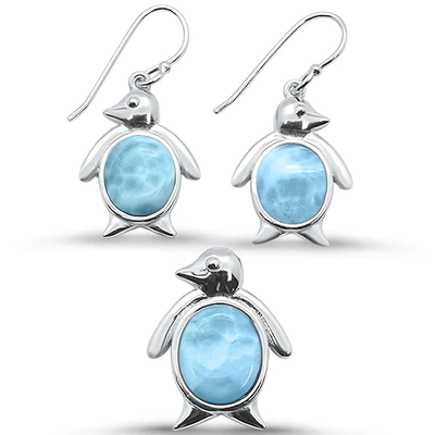 Sterling Silver Natural Larimar Penguin Dangle Earring and Pendant Set