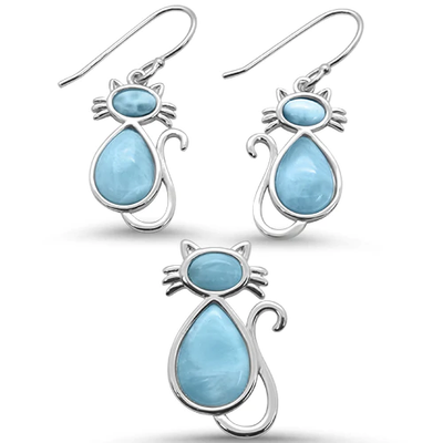 Sterling Silver Natural Larimar Cat Design Earring and Pendant Set