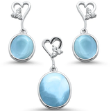 Sterling Silver Oval Natural Larimar and Cz with Heart Shape Dangle Earring and Pendant Set