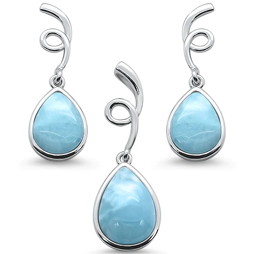 Sterling Silver Natural Larimar Pear Shape Spiral Dangle Earring and Pendant Set