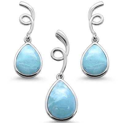 Sterling Silver Natural Larimar Pear Shape Spiral Dangle Earring and Pendant Set