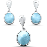 Sterling Silver Natural Larimar Oval Dangle Earring and Pendant Set