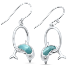 Load image into Gallery viewer, Sterling Silver Natural Larimar Dolphins Jumping Hoops Drop Dangle Earrings